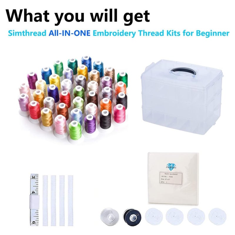 Simthread 63-Color Embroidery Thread Kit â€“ 63 Spools 550 Yards Each, 40WT Polyester Thread with 3-Layer Stackable Box, Bobbins & Tools â€“ Compatible with Brother, Janome, Babylock and More - Image 2